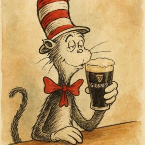 Whimsical Cat in Striped Hat with Stout Glass Print