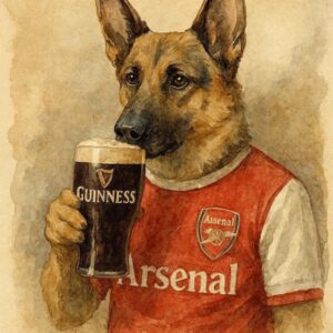 German Shepherd in Arsenal Shirt with Guinness Pint Artwork