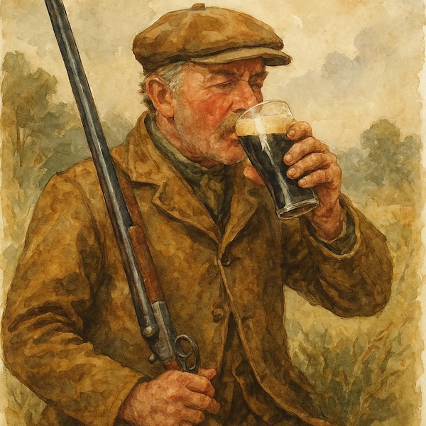 Watercolor-Style Hunter Enjoying a Dark Ale