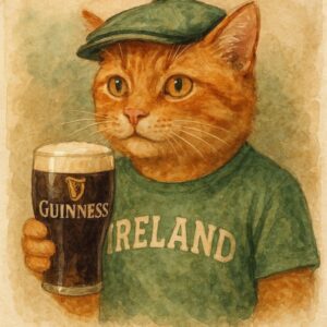 Watercolor-Style Irish Cat with Stout and Ireland Shirt
