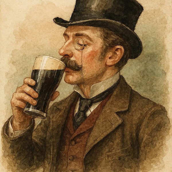 Illustrated Gentleman in Top Hat Drinking Stout