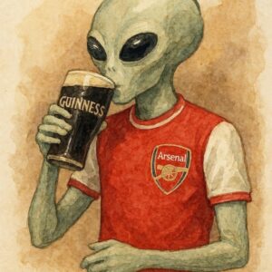 Watercolor Alien in Red Arsenal-Style Jersey with Guinness