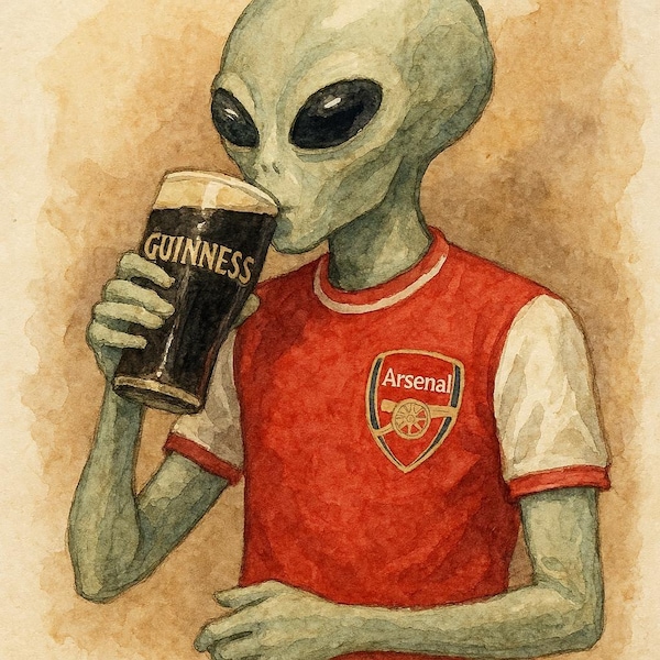 Watercolor Alien in Arsenal Shirt Drinking Stout