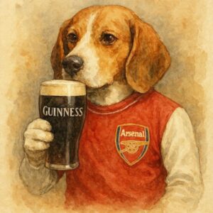 Beagle in Red Football Jersey with Stout Pint Wall Art