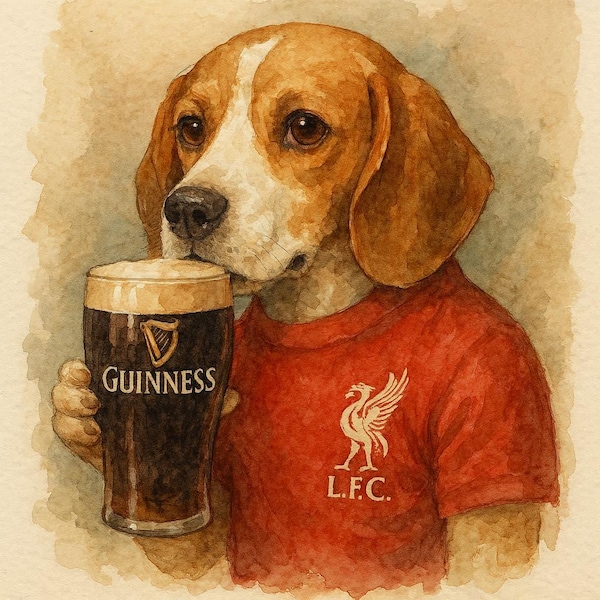 Beagle with Guinness Pint and Red Football Shirt Artwork