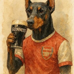 Watercolor Doberman in Arsenal-Inspired Jersey with Guinness Pint