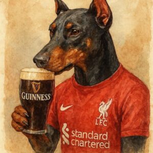 Doberman in Red Football Jersey with Guinness Pint
