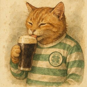 Watercolor Cat in Green Striped Shirt with Stout