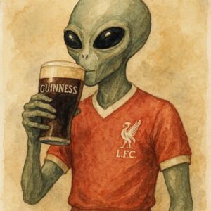 Alien in Red Football Jersey with Guinness Pint Artwork