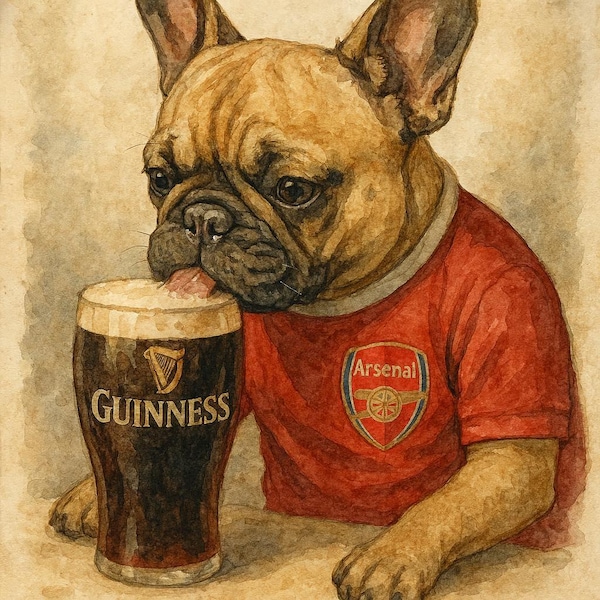 Watercolor-Style French Bulldog with Guinness Pint and Arsenal Shirt