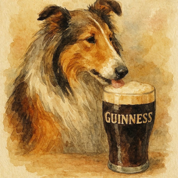 Watercolor-Style Collie with Guinness Pint Wall Art