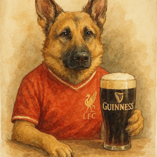 German Shepherd in Red Football Shirt and Stout Pint Wall Art