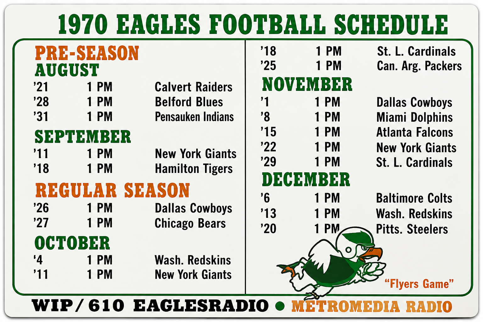 1970 Eagles Football Schedule Vintage-Style Wall Sign