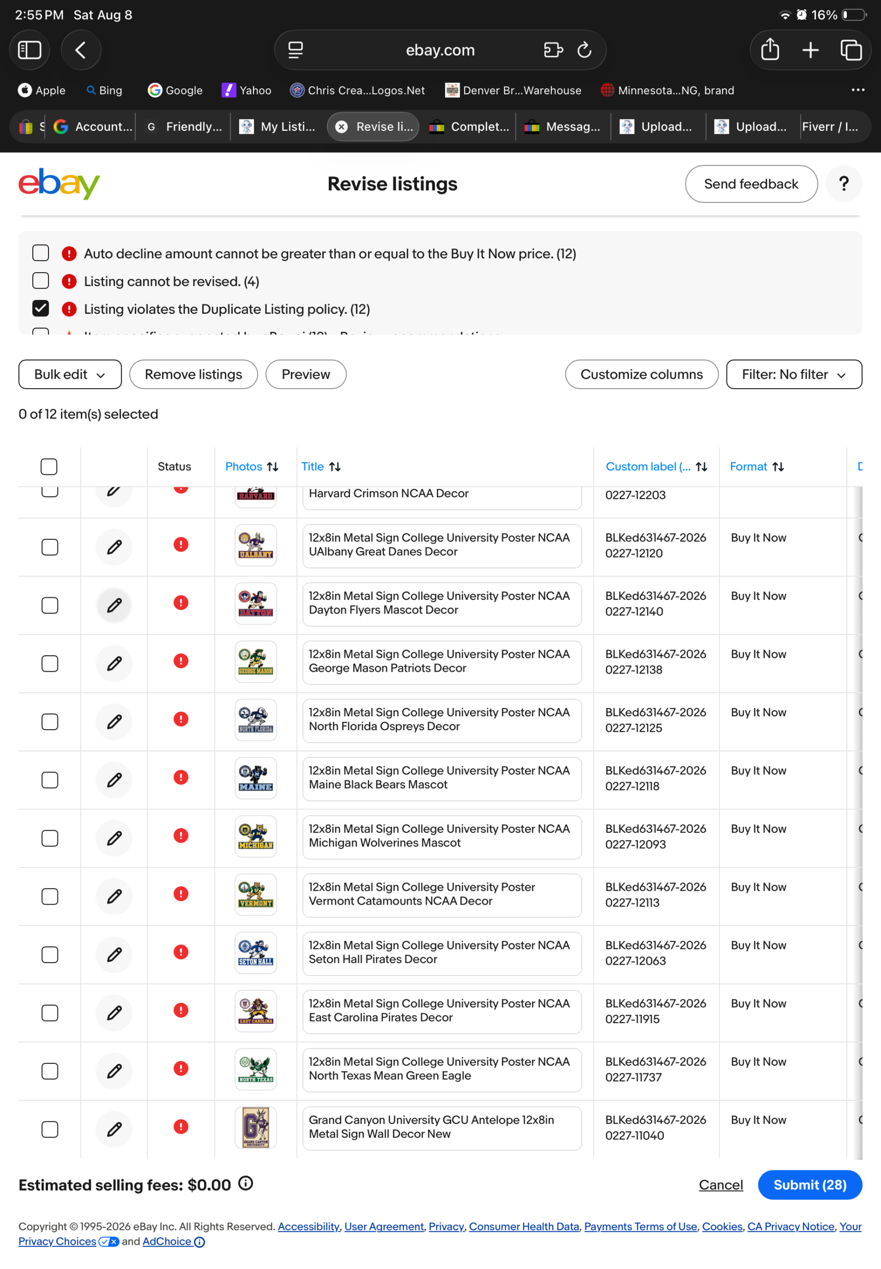 University-Themed Metal Sign Listings Screenshot