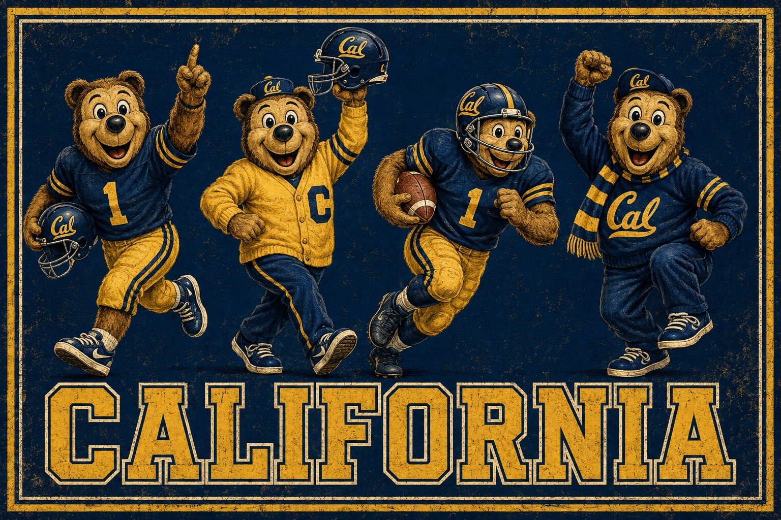 California Bears Football Retro Distressed Wall Art Print