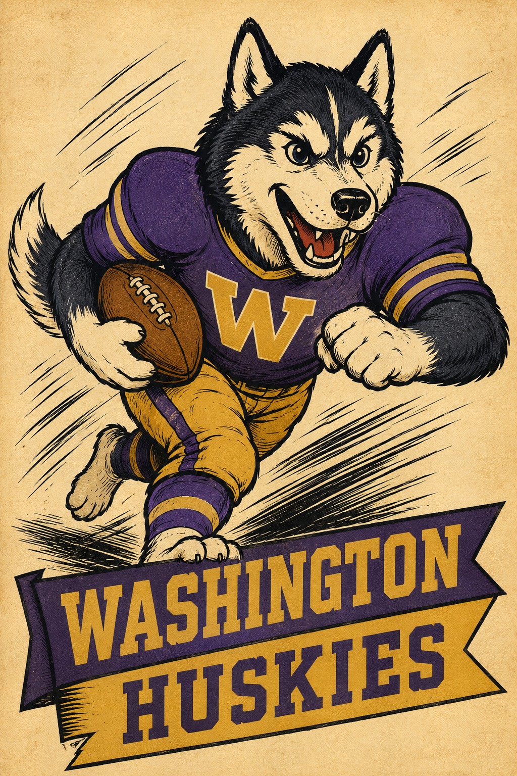 Washington Huskies Football Husky Vintage-Style Wall Art Print