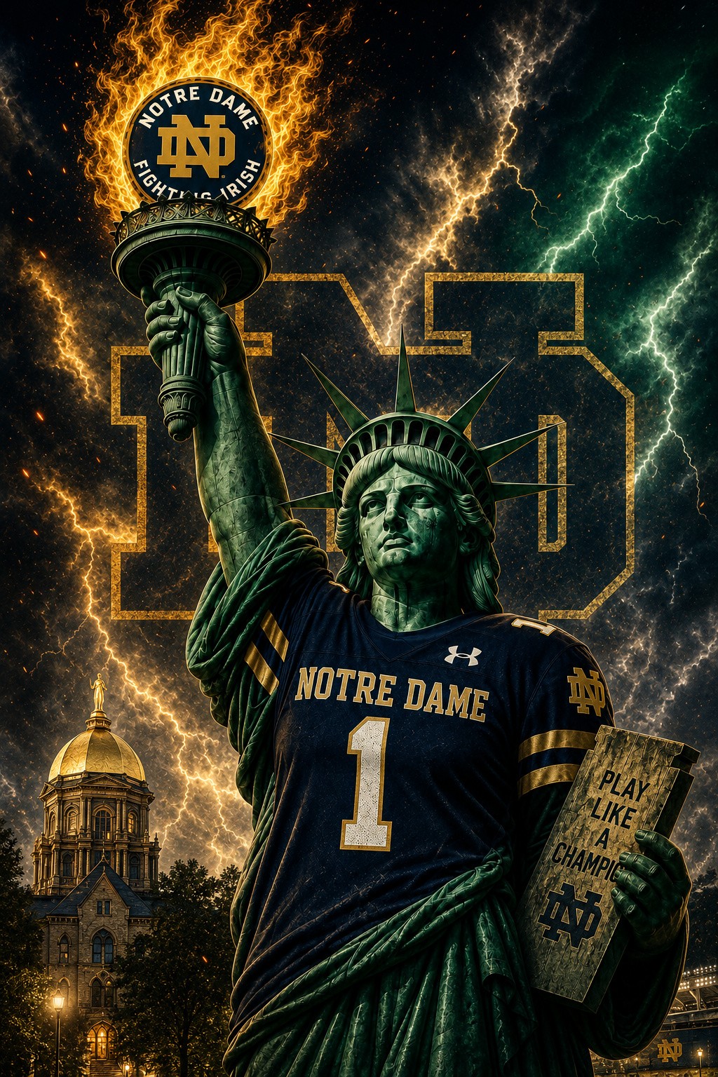 Notre Dame Statue Football Storm Wall Art Print
