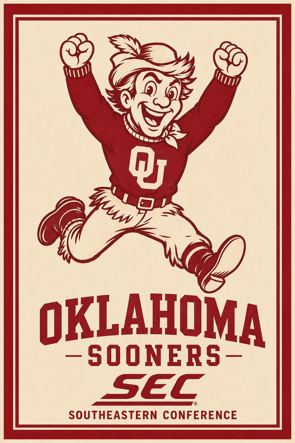 Oklahoma Sooners Retro Football Mascot SEC Wall Art Print