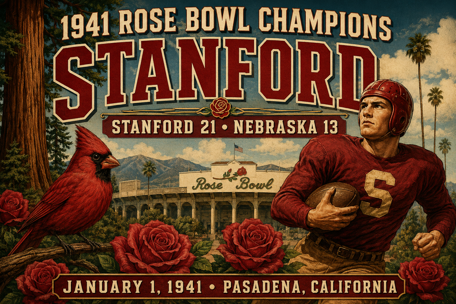 1941 Rose Bowl Champions Stanford Retro Football Wall Art