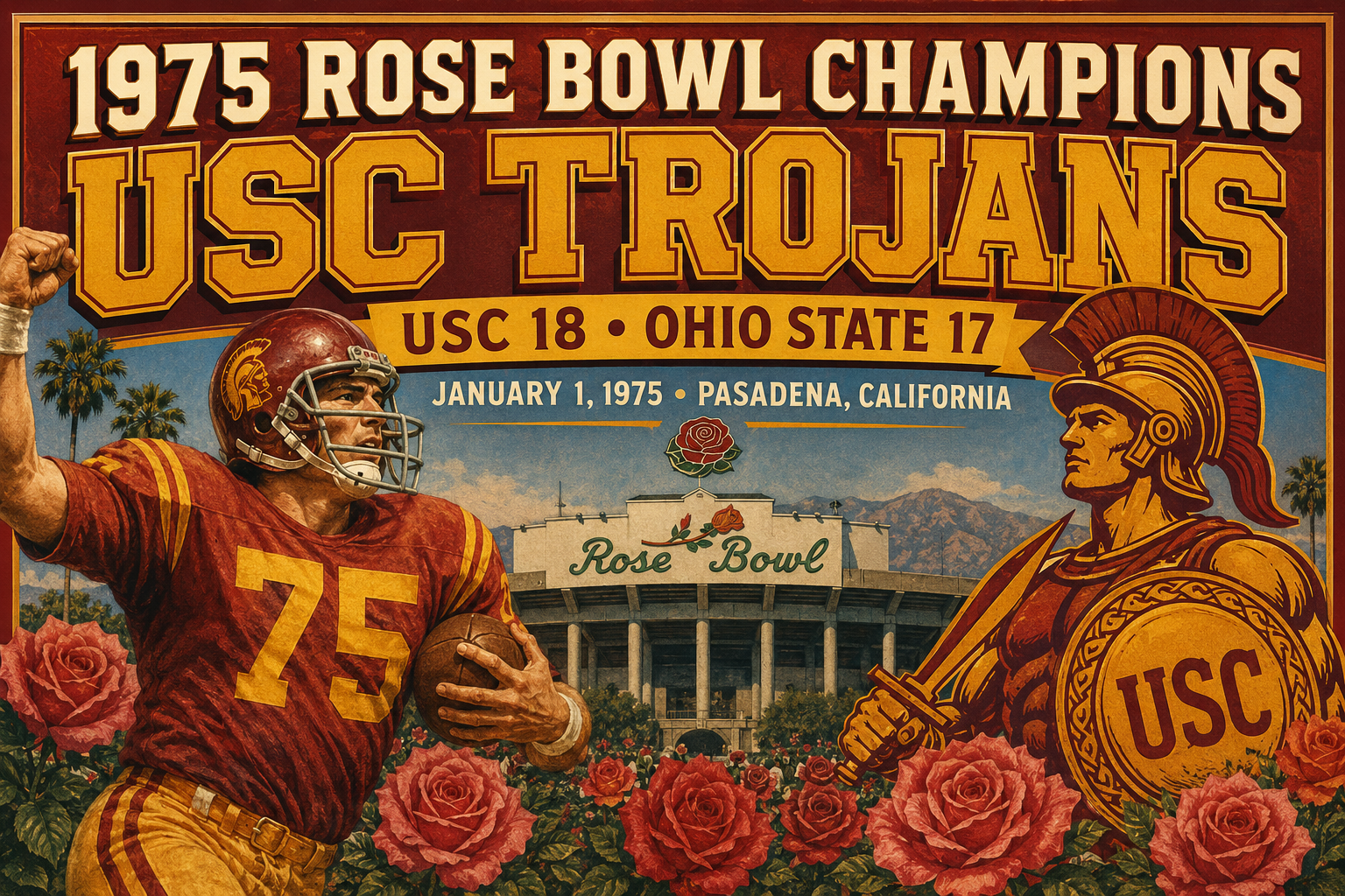 1975 Rose Bowl Champions USC Trojans Retro Football Poster