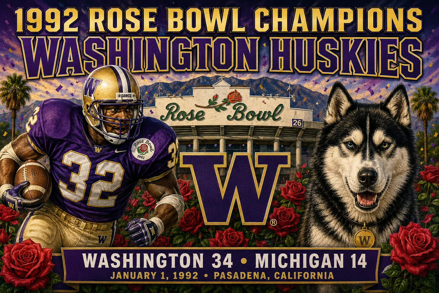 1992 Rose Bowl Champions Washington Huskies Football Wall Art