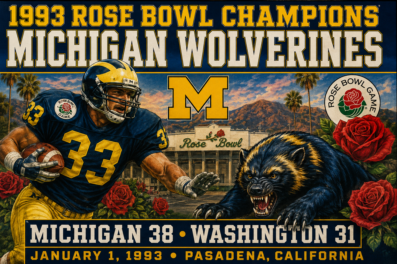 1993 Rose Bowl Champions Michigan Wolverines Football Wall Art