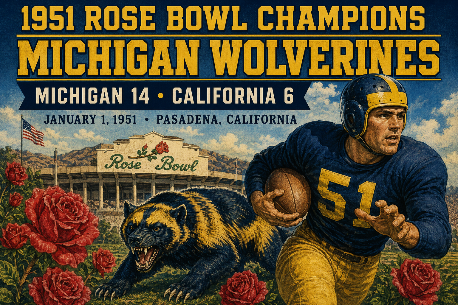 1951 Rose Bowl Michigan Wolverines Football Poster