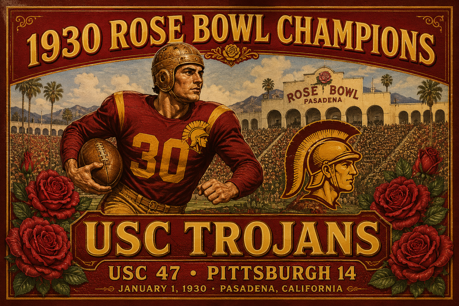 1930 Rose Bowl Champions USC Trojans Vintage Football Wall Art