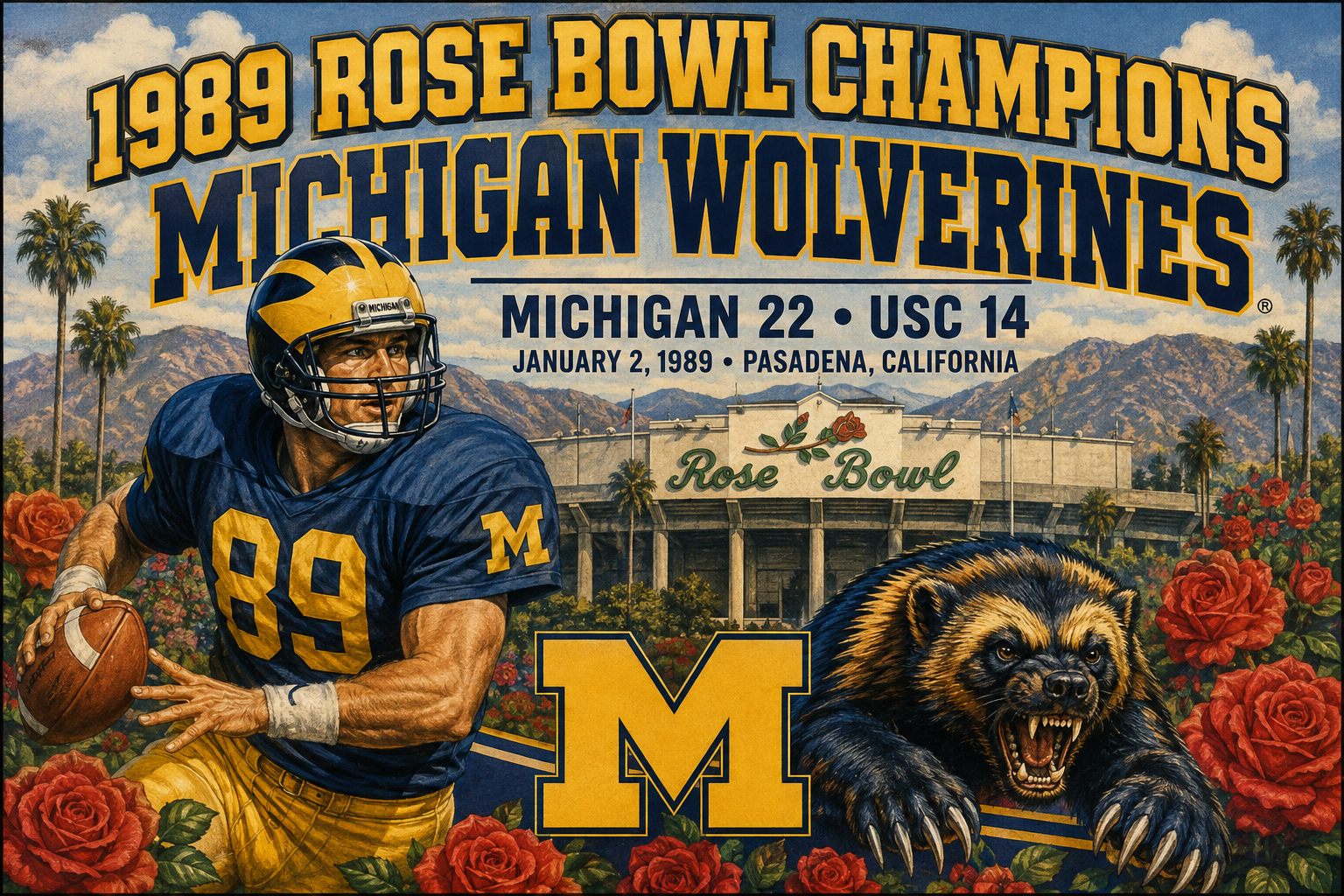 1989 Rose Bowl Champions Michigan Wolverines Football Wall Art
