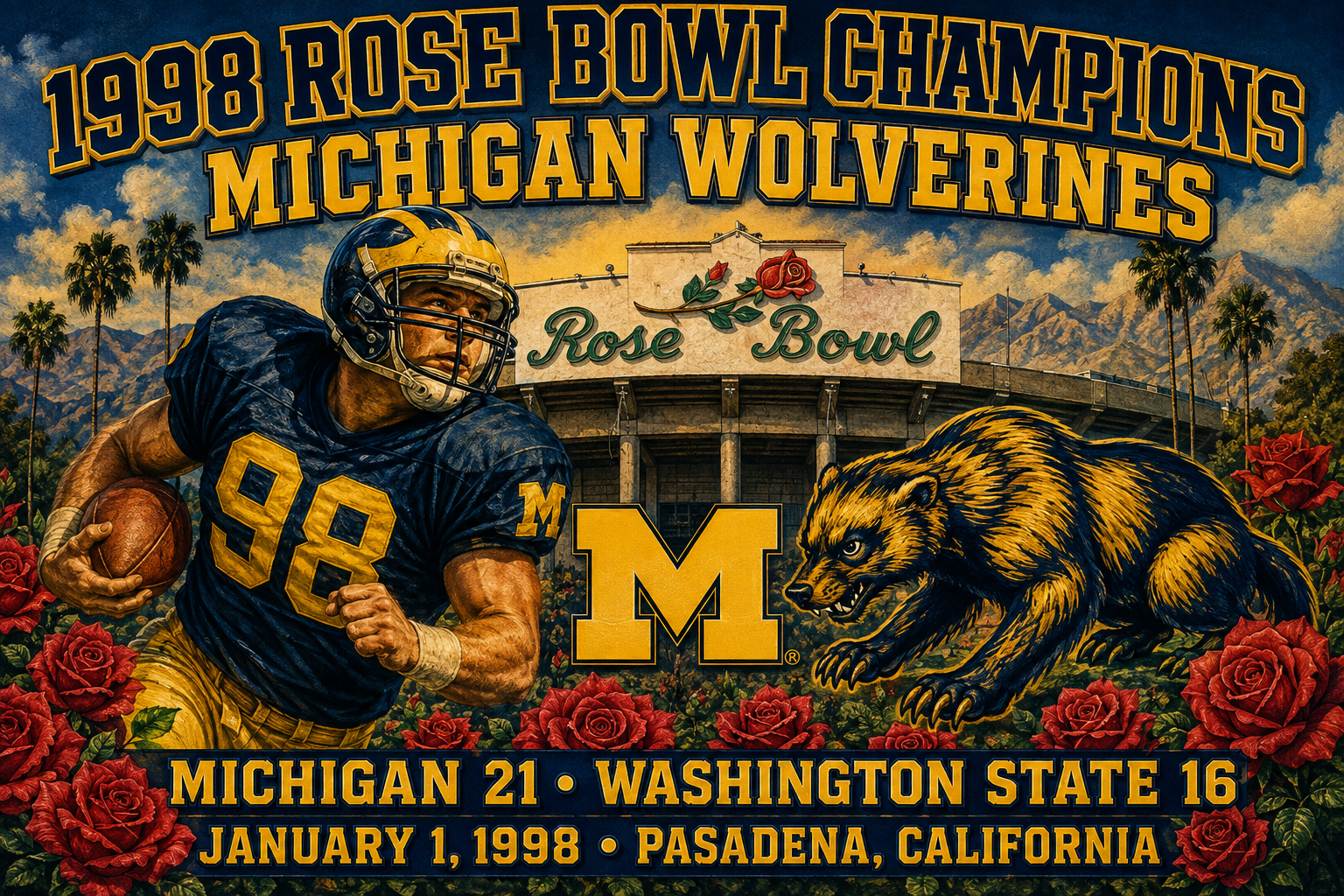 1998 Rose Bowl Champions Michigan Wolverines Poster