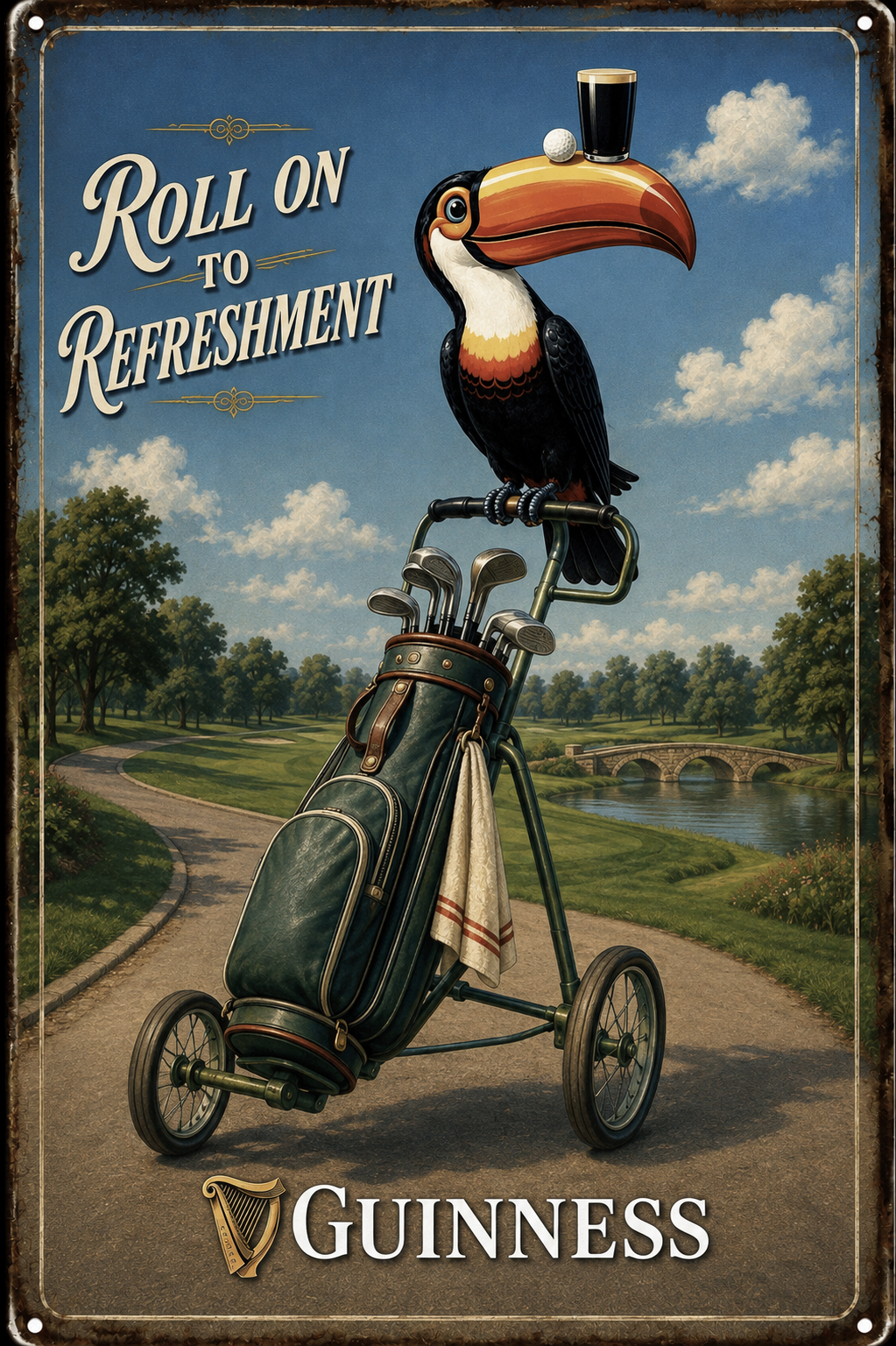 Roll On to Refreshment Toucan Golf Cart Wall Sign