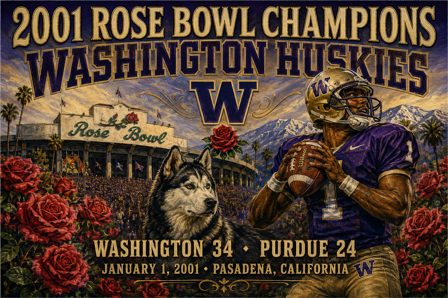 2001 Rose Bowl Champions Washington Huskies Football Wall Art