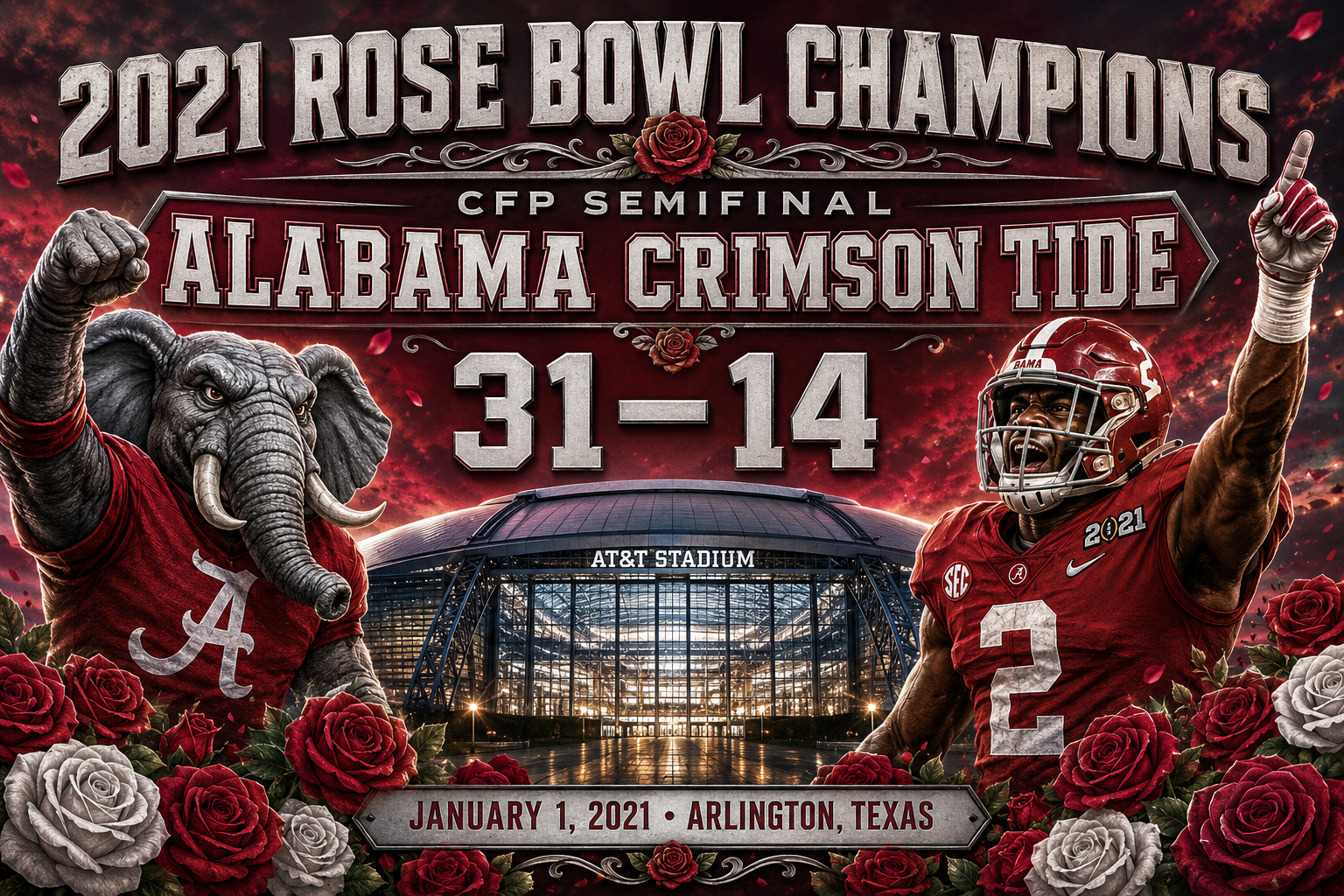 2021 Rose Bowl Champions Alabama Crimson Tide 31–14 Wall Art