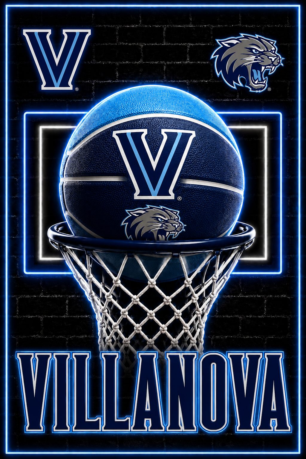 Villanova Basketball Neon-Style Wall Art Print