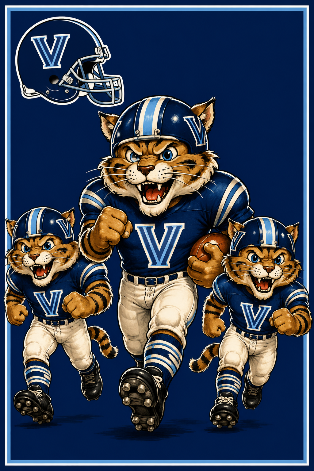 Blue Football Cat Trio V Illustration Wall Art