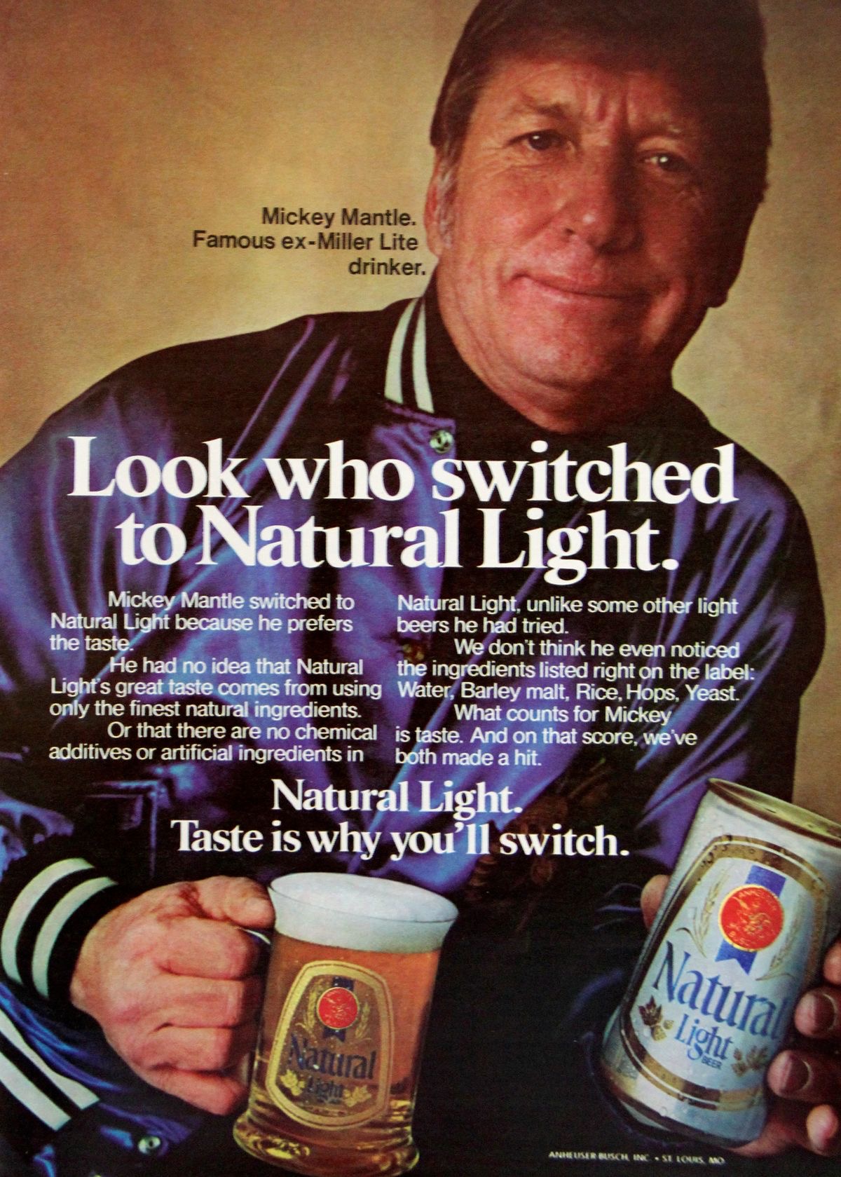 Mickey Mantle Natural Light Beer Advertisement Print