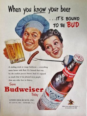 Budweiser Beer Advertisement Print with Vintage Barbecue Design