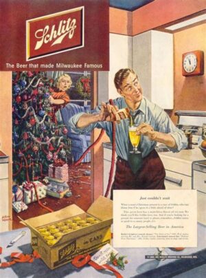 Schlitz Beer Christmas Advertisement with Man Pouring Beer