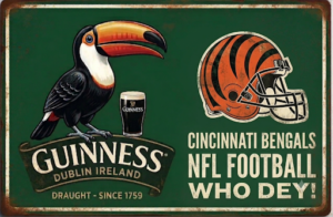 Vintage-Style Guinness Toucan and Cincinnati Bengals Football Sign