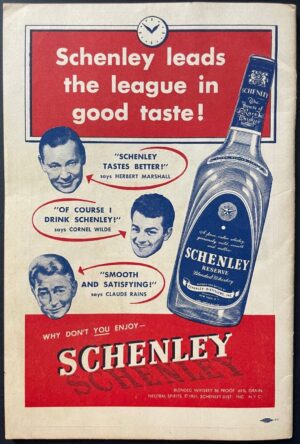 Schenley Whiskey “Leads the League in Good Taste” Printed Advertisement