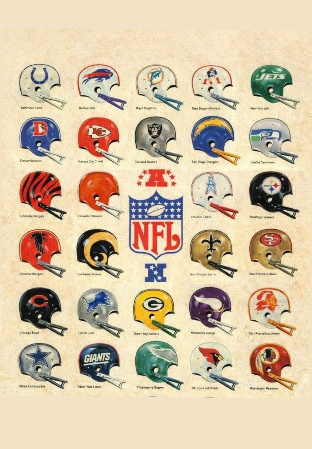 Vintage-Style Football Helmet Teams Wall Art Print