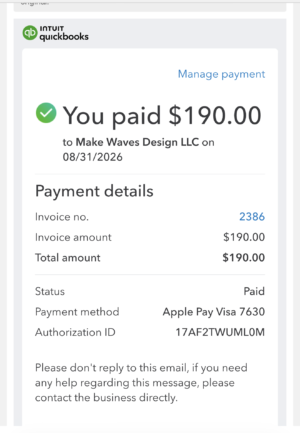 QuickBooks Payment Receipt Screenshot – $190 Invoice