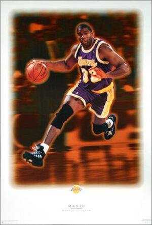 Purple and Gold Basketball Player Action Poster